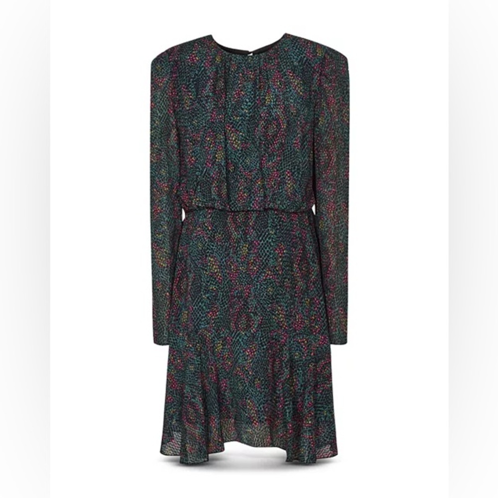 Reiss Renee Snake Print Mini Dress Reptile Blouson Waist Long Sleeve Green Pink